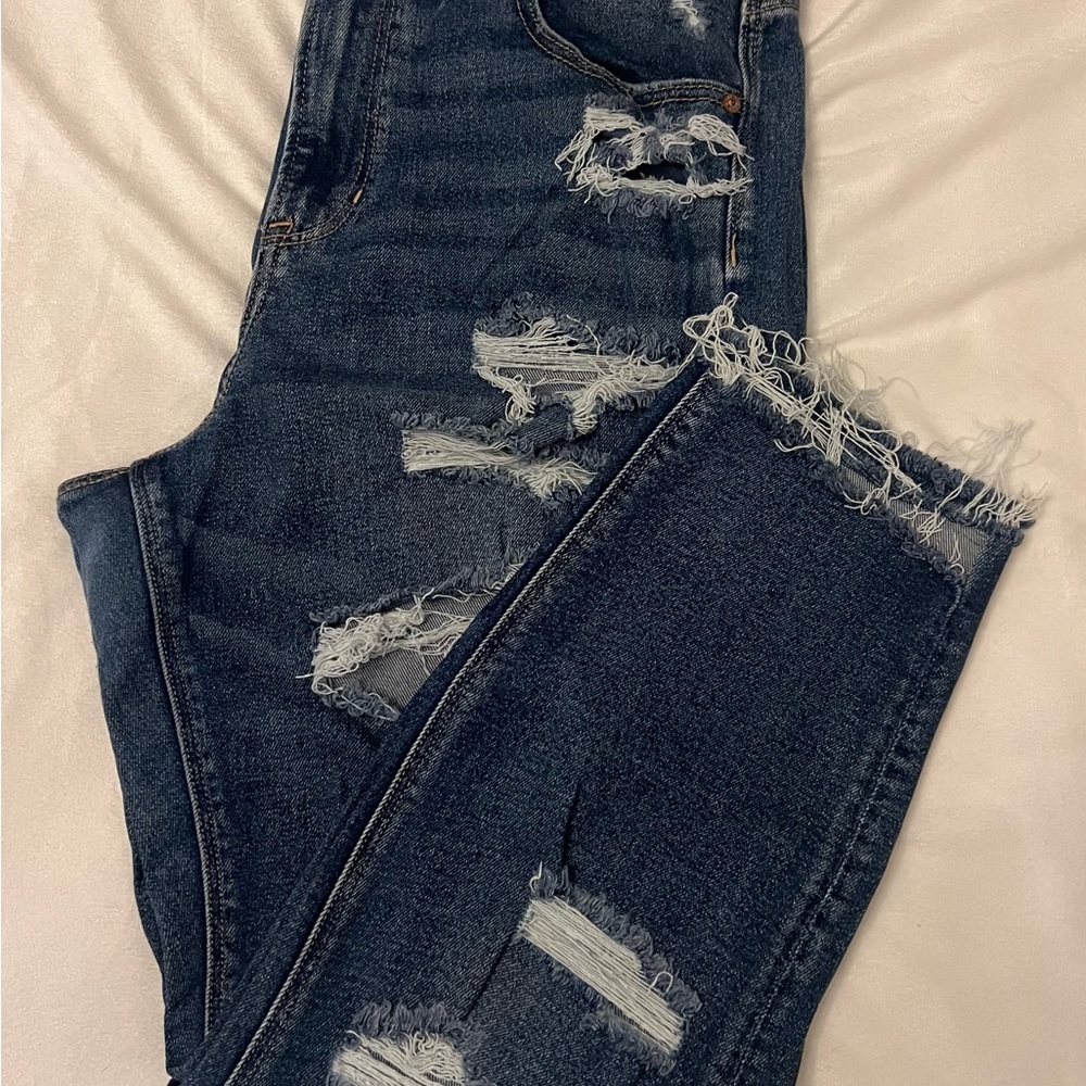 American Eagle Outfitters Dark Blue Distressed Mom Jeans